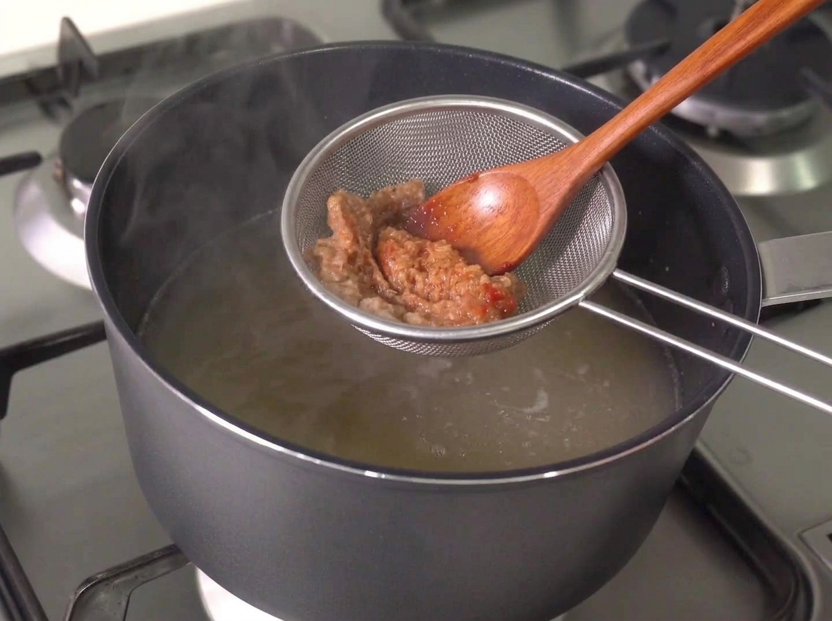 Una cuchara de madera y un colador siendo usados para remover y disolver las pastas en el caldo caliente.