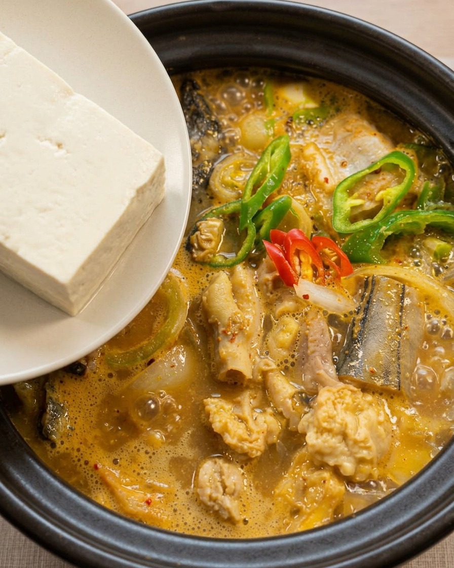 Una mano colocando una rebanada gruesa de tofu blanco en una sopa de pescado burbujeante de color naranja rojizo en una olla de barro.