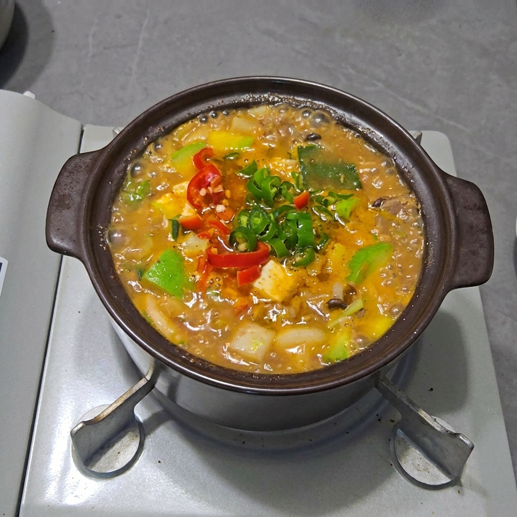 Ajo picado siendo incorporado en la olla de estofado terminado.