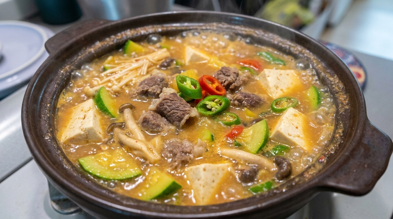 Una olla burbujeante de estofado coreano de pasta de soja con falda de ternera, tofu, calabacín, setas y chiles frescos.