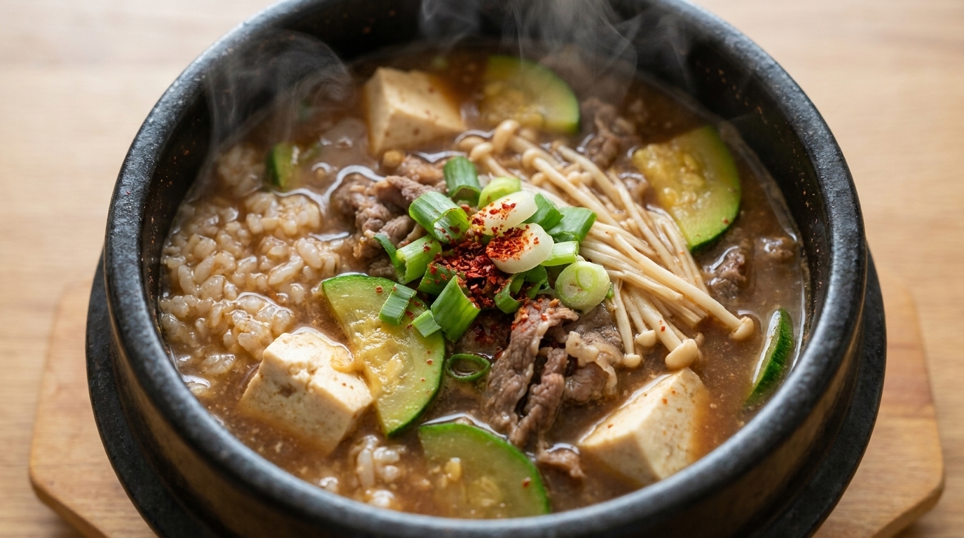 Estofado de pasta de soja coreano con arroz (Doenjang-jjigae Bap)