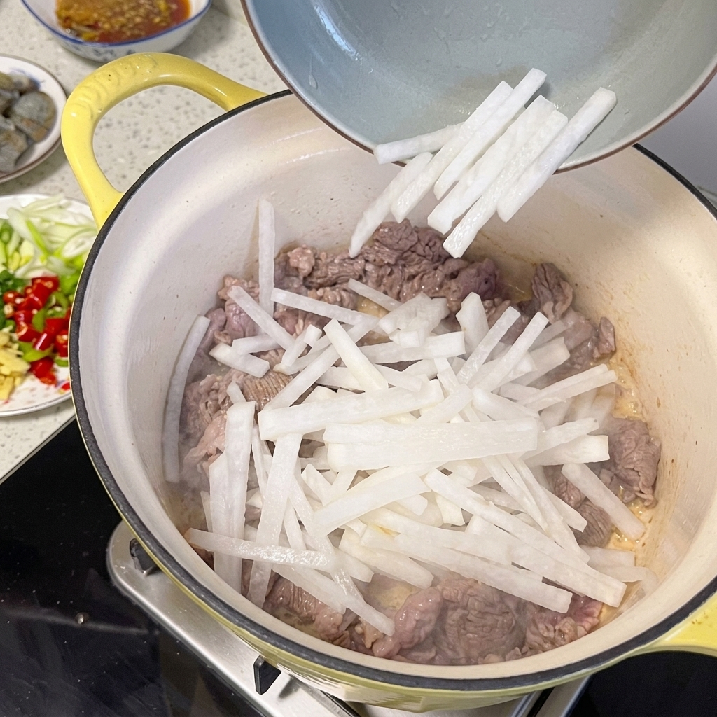 Tiras de rábano mezclándose con la ternera cocinada en la olla.