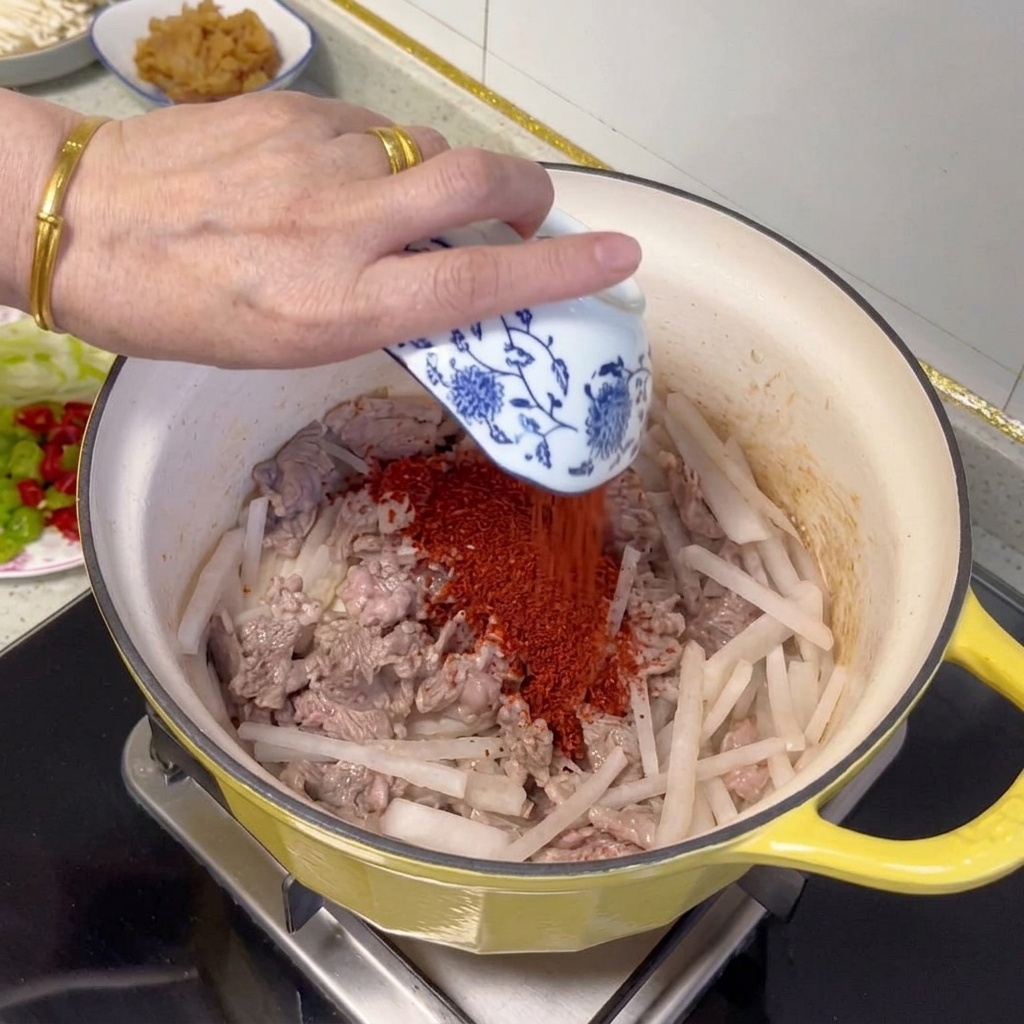 Polvo de chile rojo mezclándose con la ternera y el rábano en la olla.