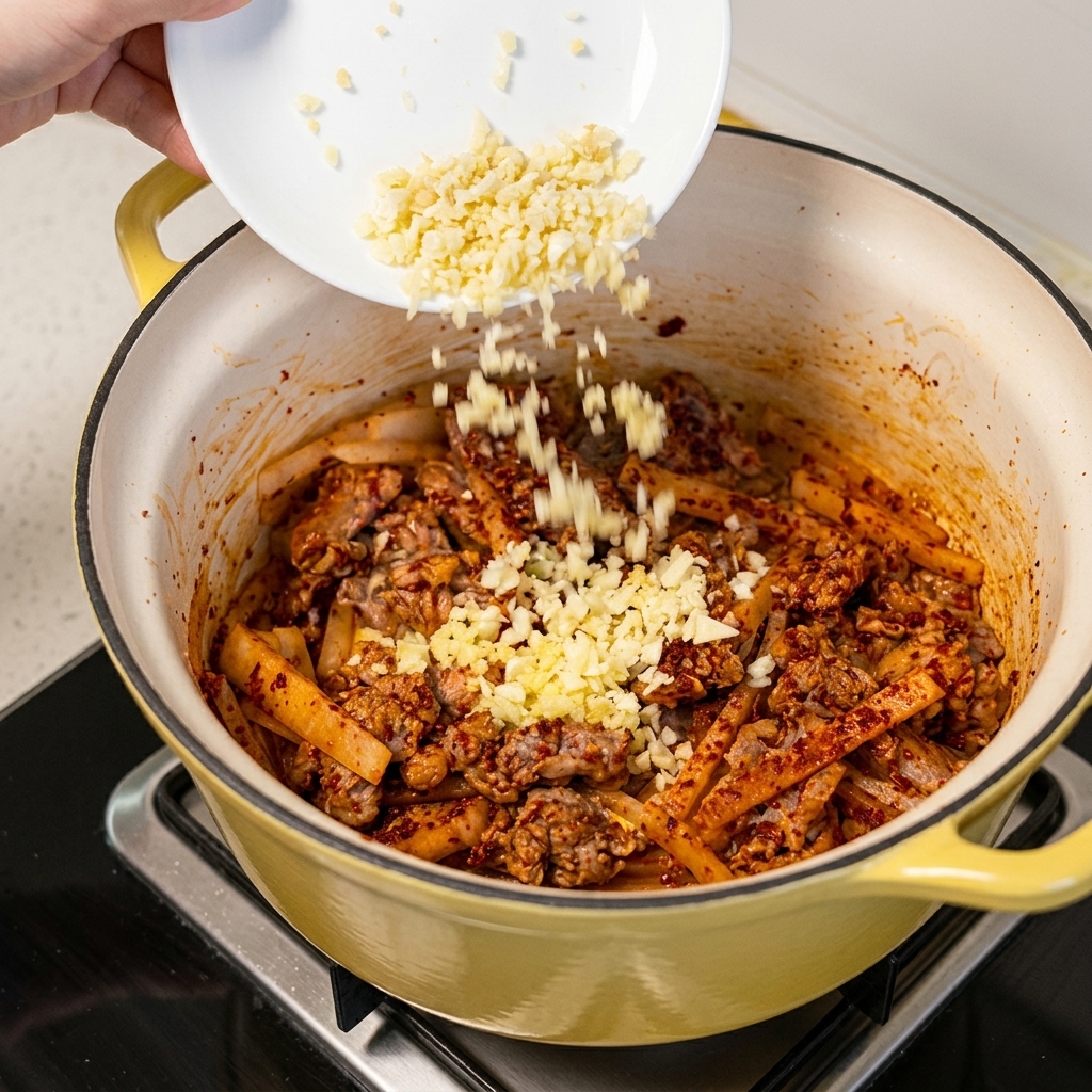 Ajo y jengibre picados añadiéndose a los ingredientes salteados.
