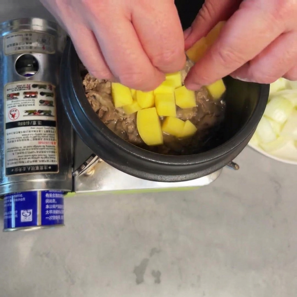Patatas siendo añadidas a la olla con la carne sellada.