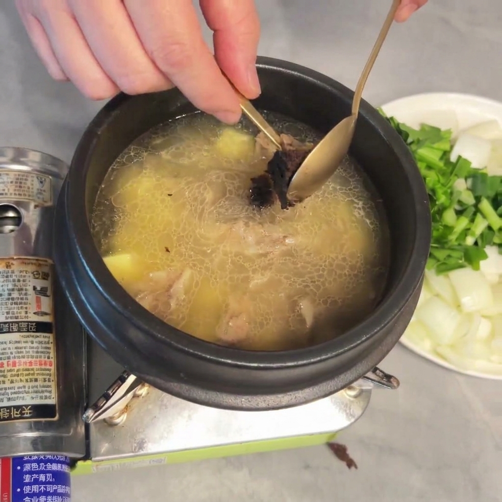 Una cucharada de pasta de soja envejecida siendo disuelta en la sopa.