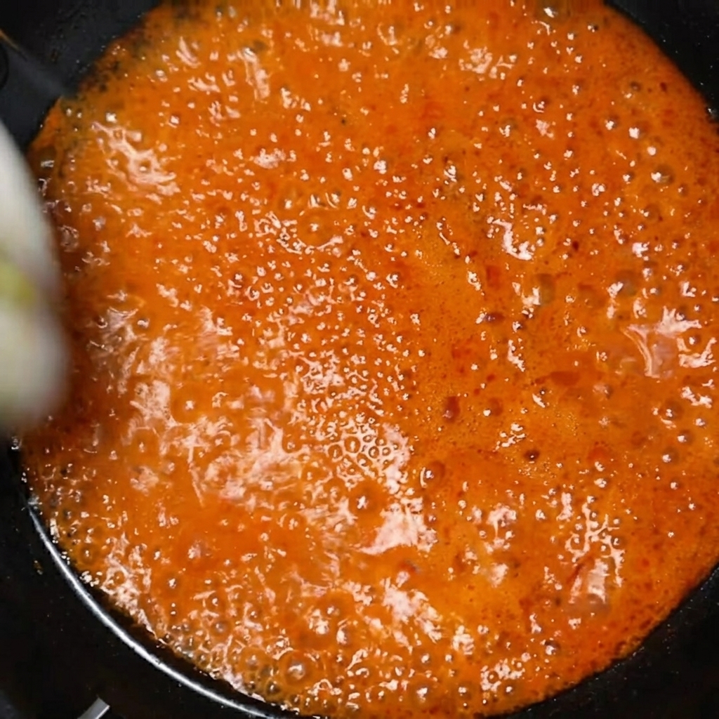 Rodajas de calabacín cayendo en una olla de estofado rojo burbujeante.