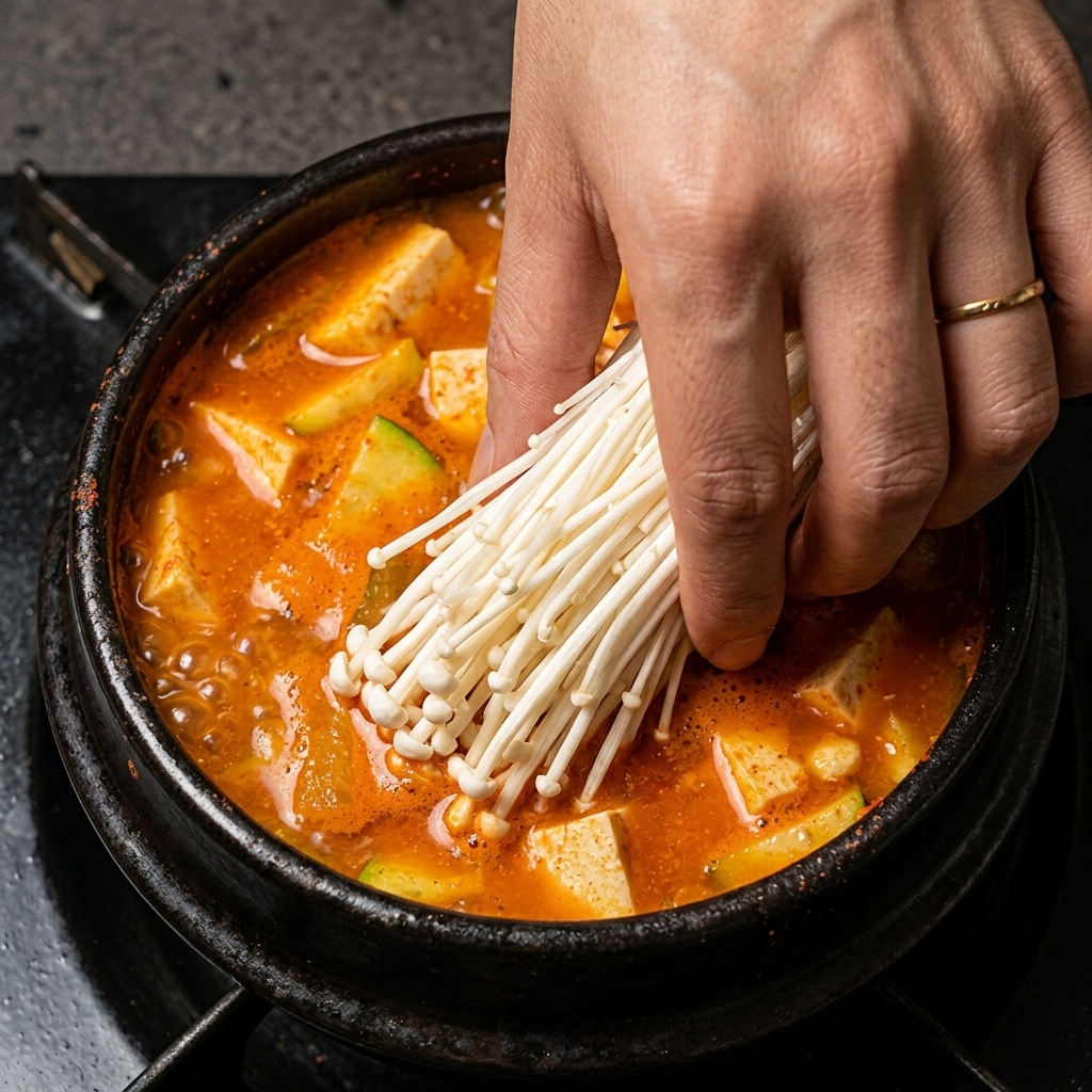 Setas enoki frescas dispuestas sobre la superficie del estofado de pasta de soja hirviendo a fuego lento.