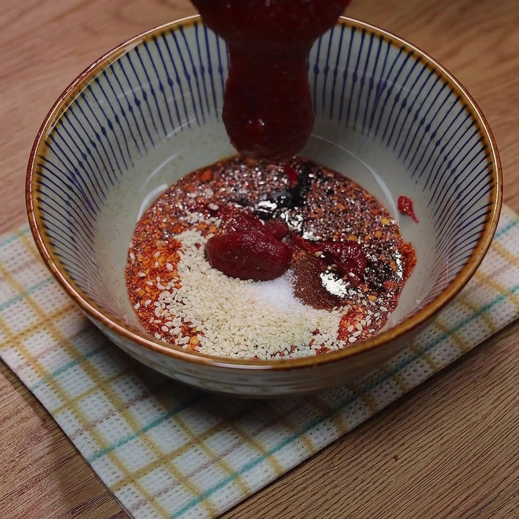 Pasta de chile coreano y agua siendo mezcladas en la mezcla de salsa preparada anteriormente.