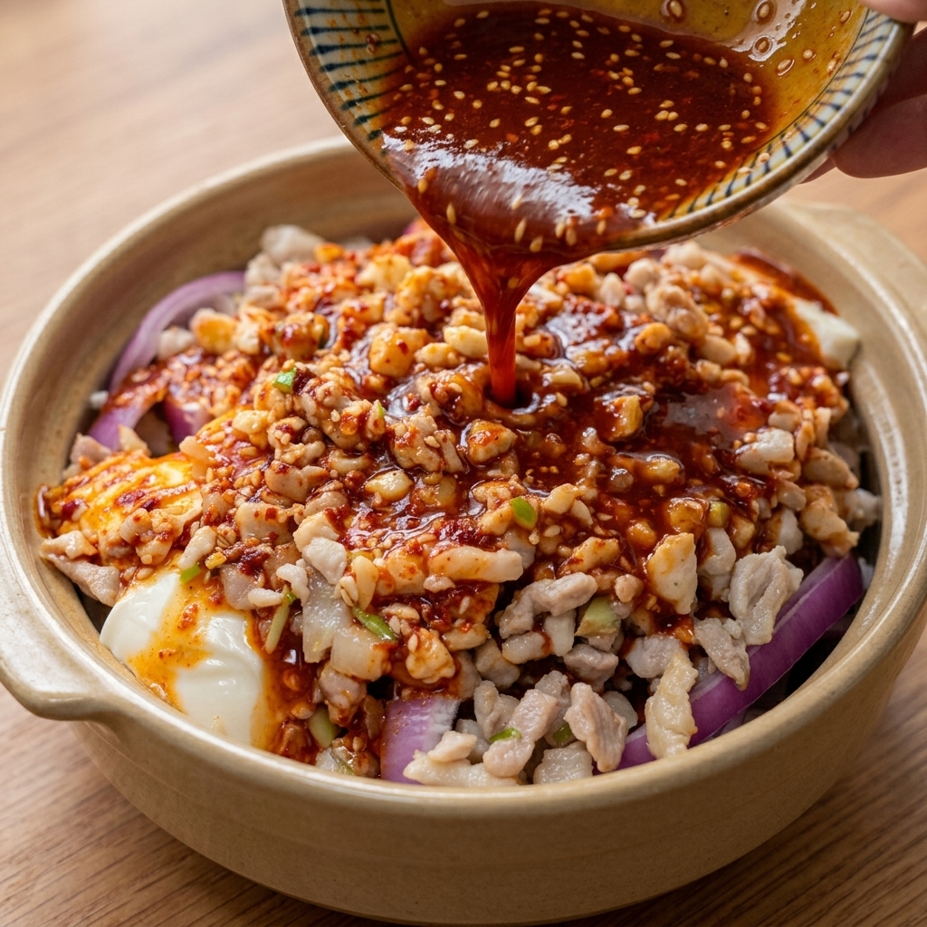 Rodajas de chile verde siendo organizadas sobre la parte superior del tofu, la carne y la mezcla de vegetales en la cazuela antes de cocinar.