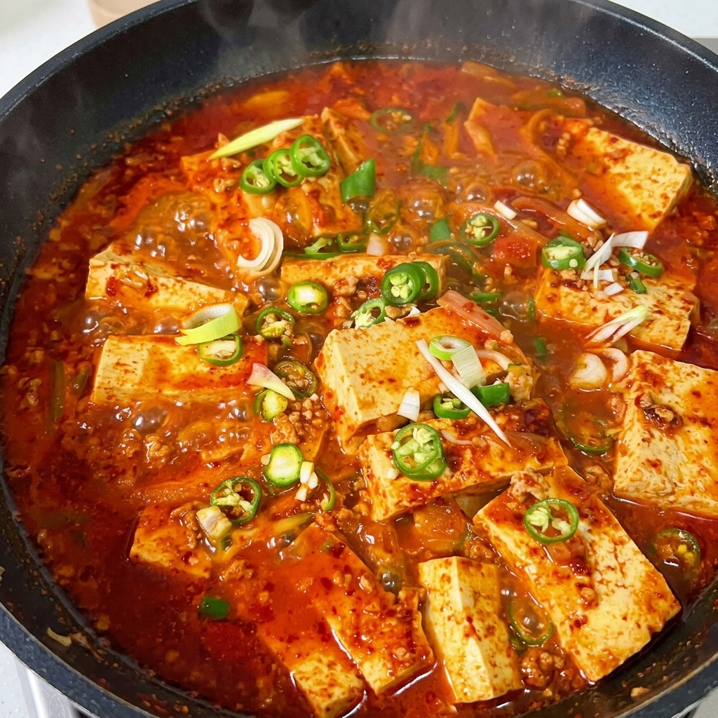 Una taza medidora con una mezcla de condimentos incluyendo gochujang, chile en polvo y varias salsas lista para mezclarse.