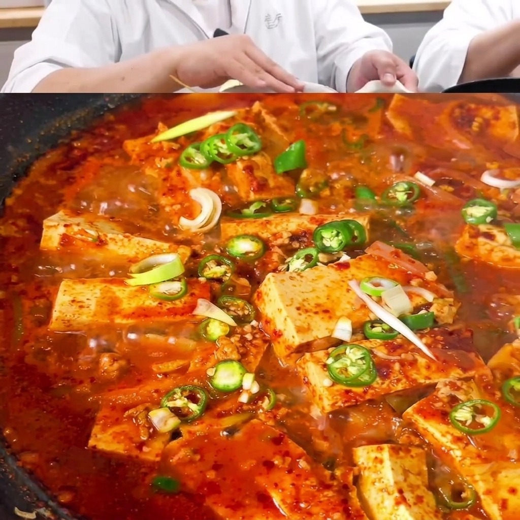 Primer plano de una cuchara revolviendo los espesos ingredientes de la salsa roja dentro de una taza medidora.