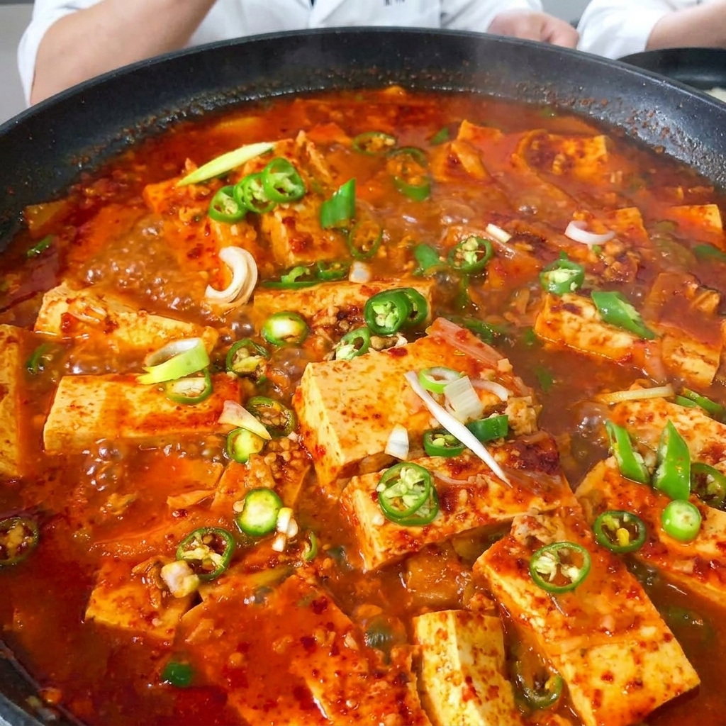 Cebollas cortadas y cubos de tofu firme añadidos a la sartén que contiene el cerdo dorado.