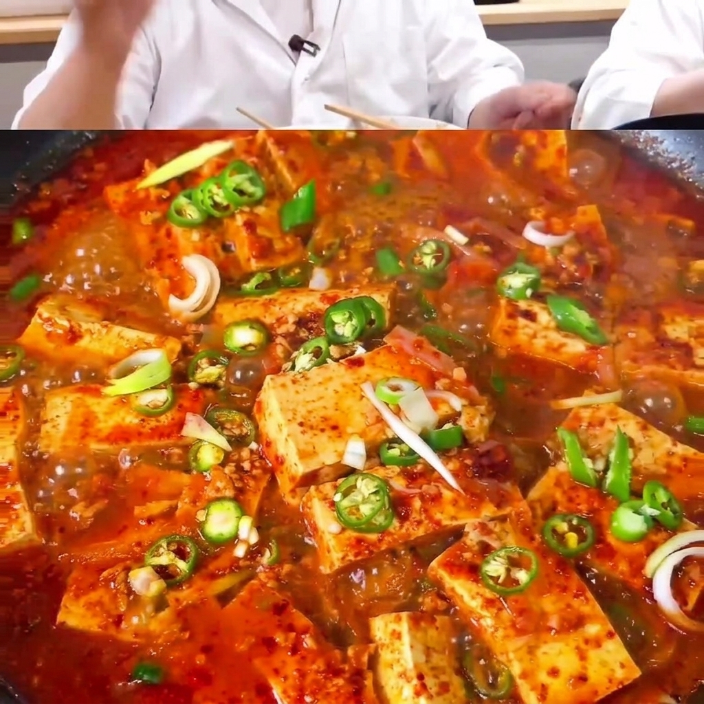 La salsa y el agua siendo vertidas sobre la mezcla de tofu, cerdo y cebolla en la sartén.
