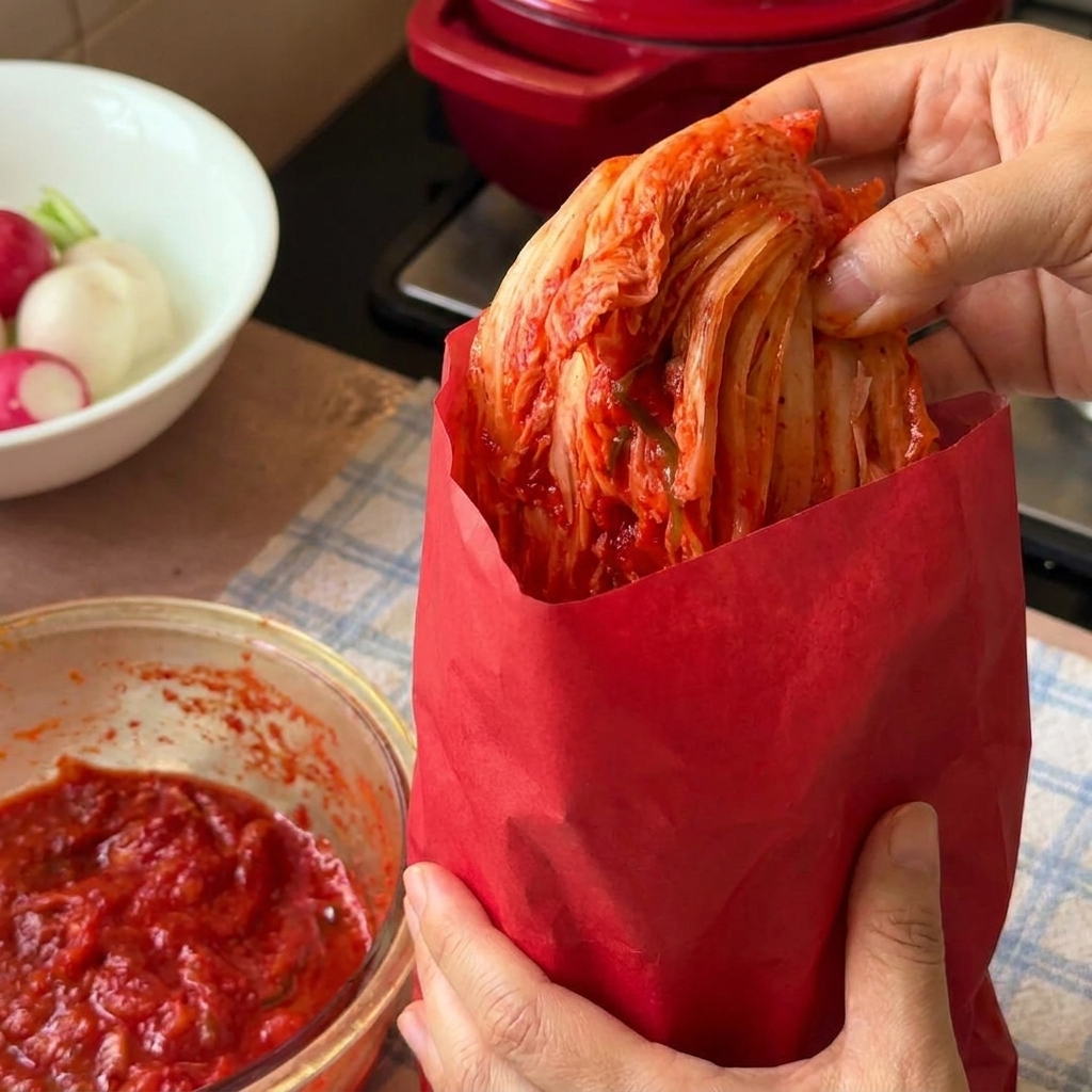 Kimchi de col napa siendo transferido de una bolsa de plástico a un tazón de vidrio con pinzas de metal.