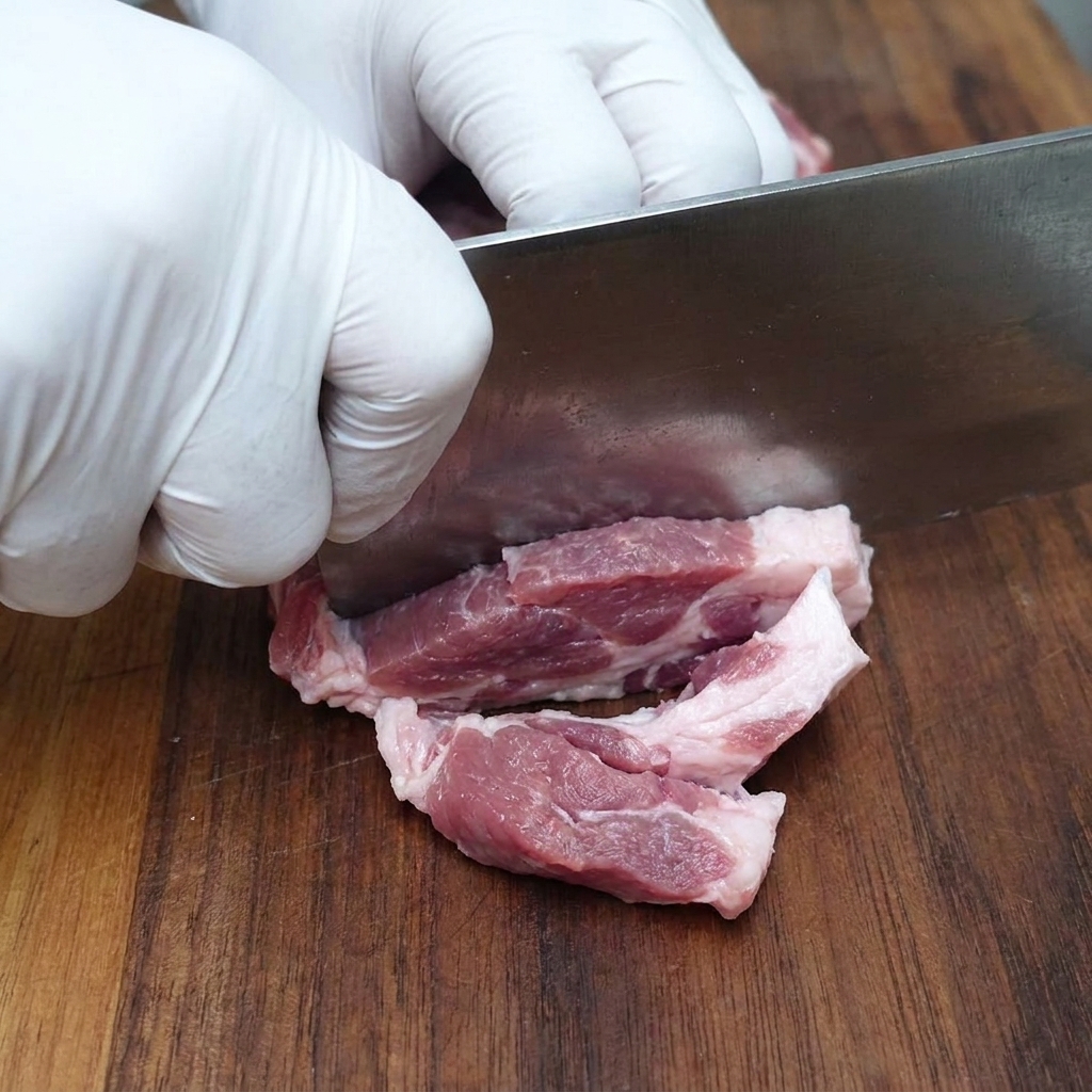 Carne de paleta de cerdo cortada en cubos pequeños sobre una tabla de cortar de madera.