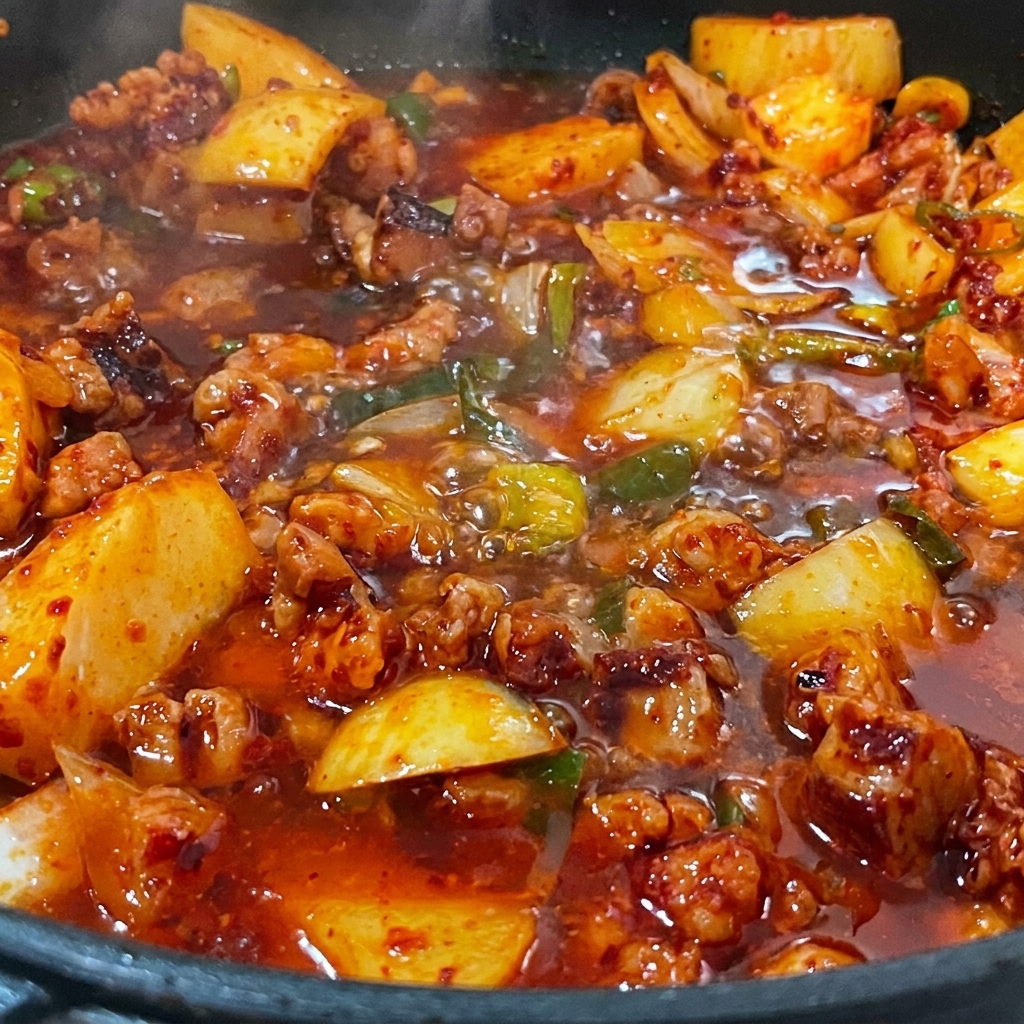 Caldo de anchoa vertido en la sartén sobre la mezcla de cerdo y verduras.