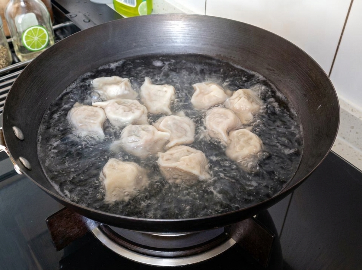 Tiras de tofu siendo añadidas a una olla con dumplings y caldo hirviendo.