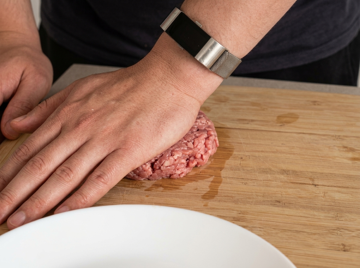 Una mano presionando una bola de carne sobre una tabla de madera para formar la hamburguesa.