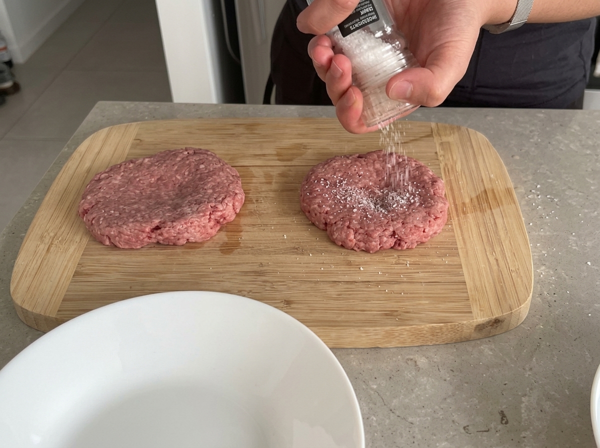 Una mano moliendo pimienta negra sobre las hamburguesas crudas en una tabla de madera.
