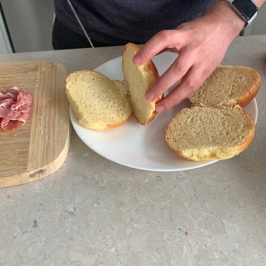 Panes brioche cortados a la mitad dispuestos dentro de una freidora de aire.
