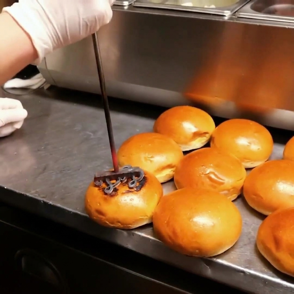 Primer plano de un hierro caliente marcando un logo en panes de hamburguesa frescos.