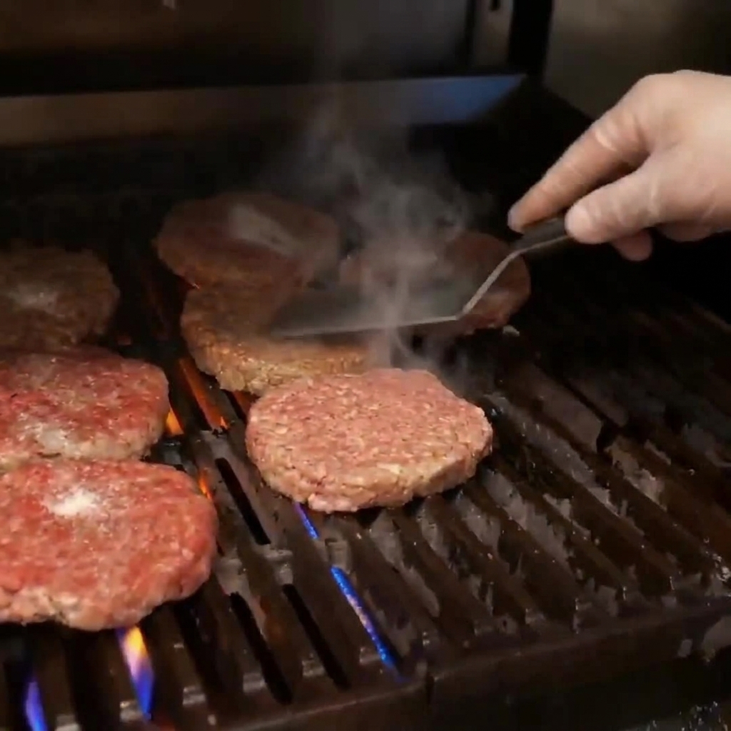 Hamburguesas de bisonte gruesas sellándose en una parrilla caliente mientras se añade sal.
