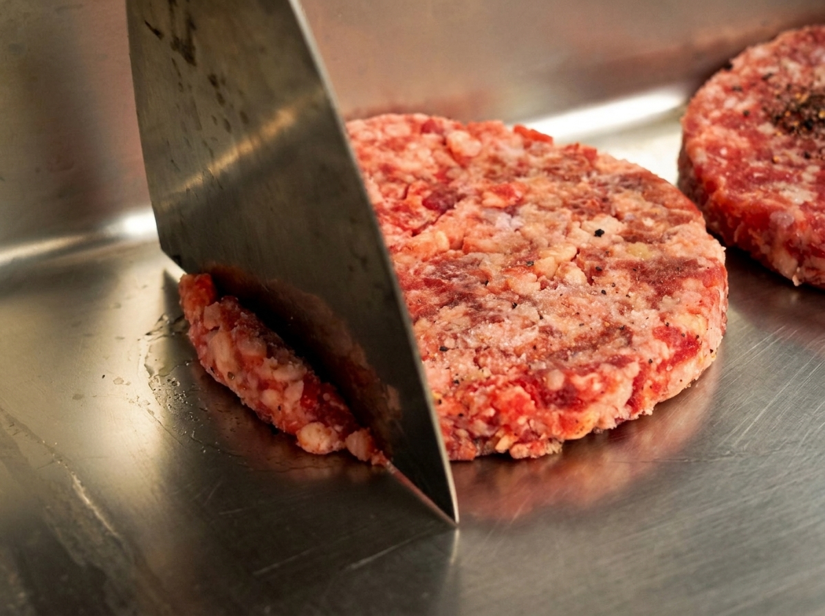 Carne picada cruda siendo mezclada en un recipiente de metal con una espátula plana.