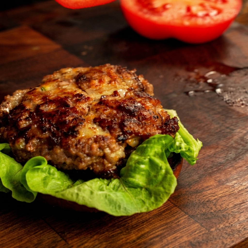 Una rodaja de tomate fresco siendo colocada sobre la hamburguesa cocinada.