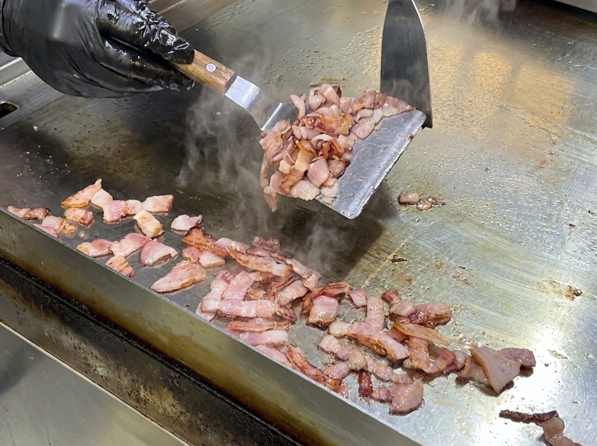 Una espátula de metal revolviendo trozos de bacon en una plancha caliente.