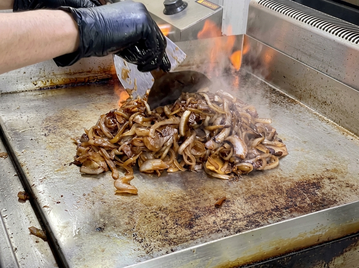 Un montón de cebollas cocinadas de color marrón caramelo siendo movidas con un raspador de metal sobre una plancha.