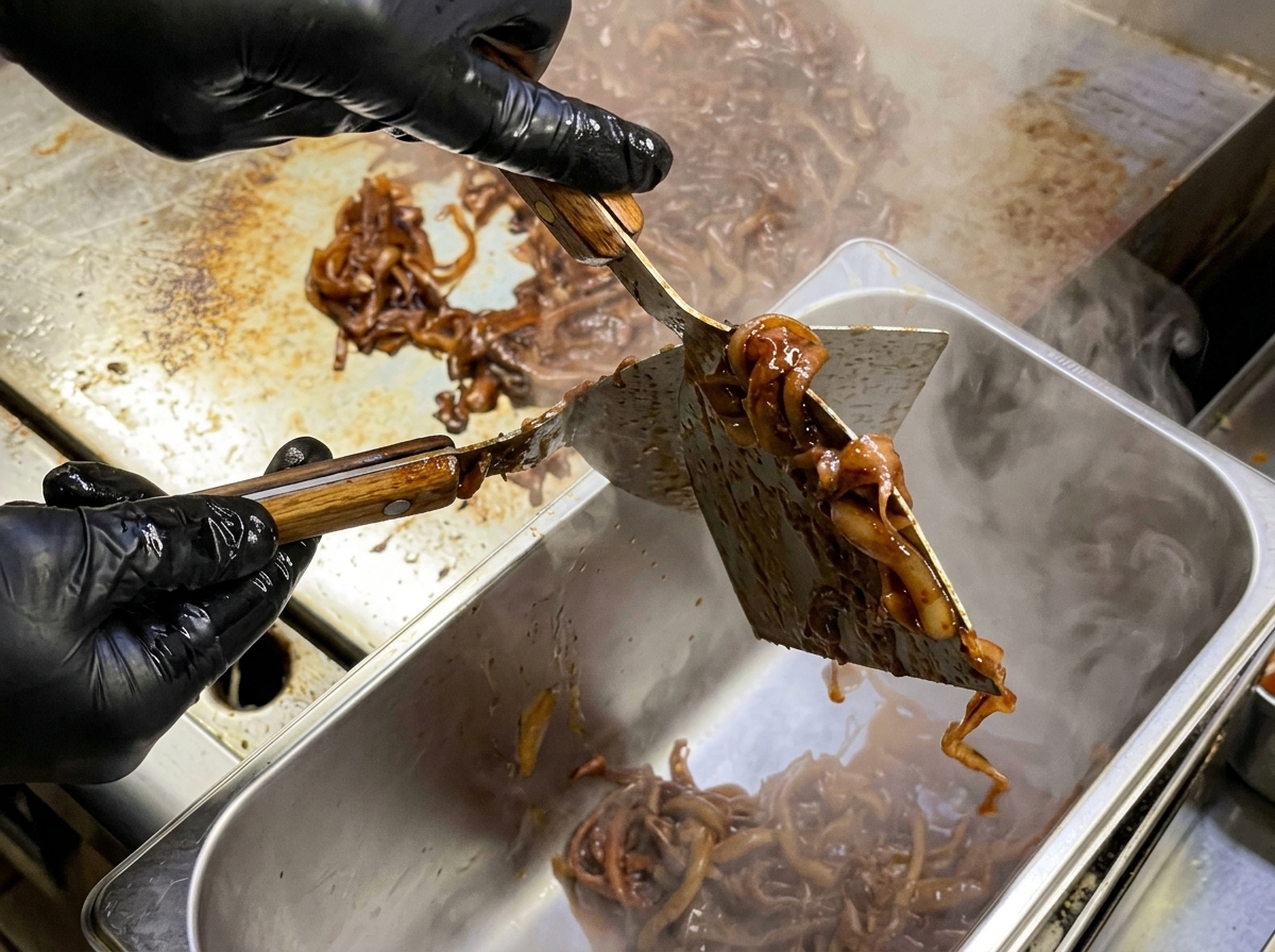 Espátulas levantando una porción de cebollas caramelizadas brillantes de color marrón oscuro desde una plancha hacia una bandeja.
