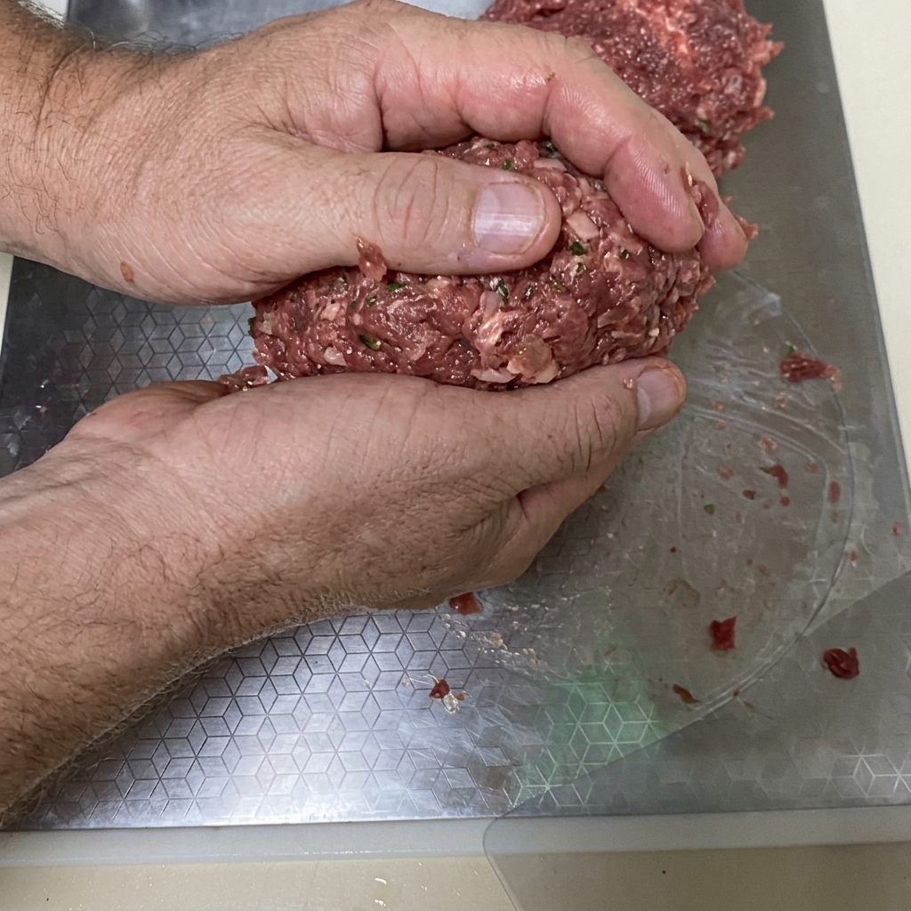 Manos dando forma de hamburguesa redonda a la mezcla de carne sazonada.