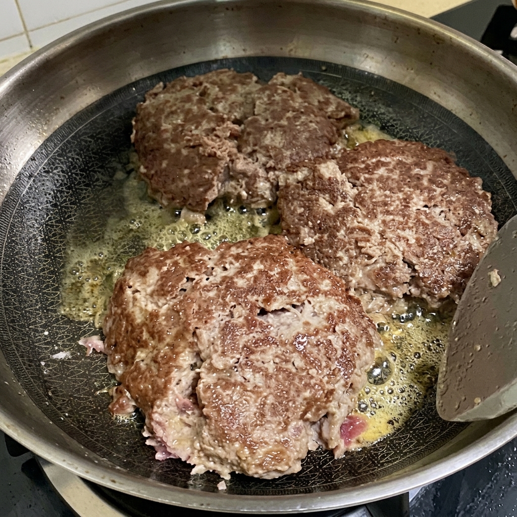 Tres hamburguesas dorándose en la sartén con lonchas de queso derretidas encima.