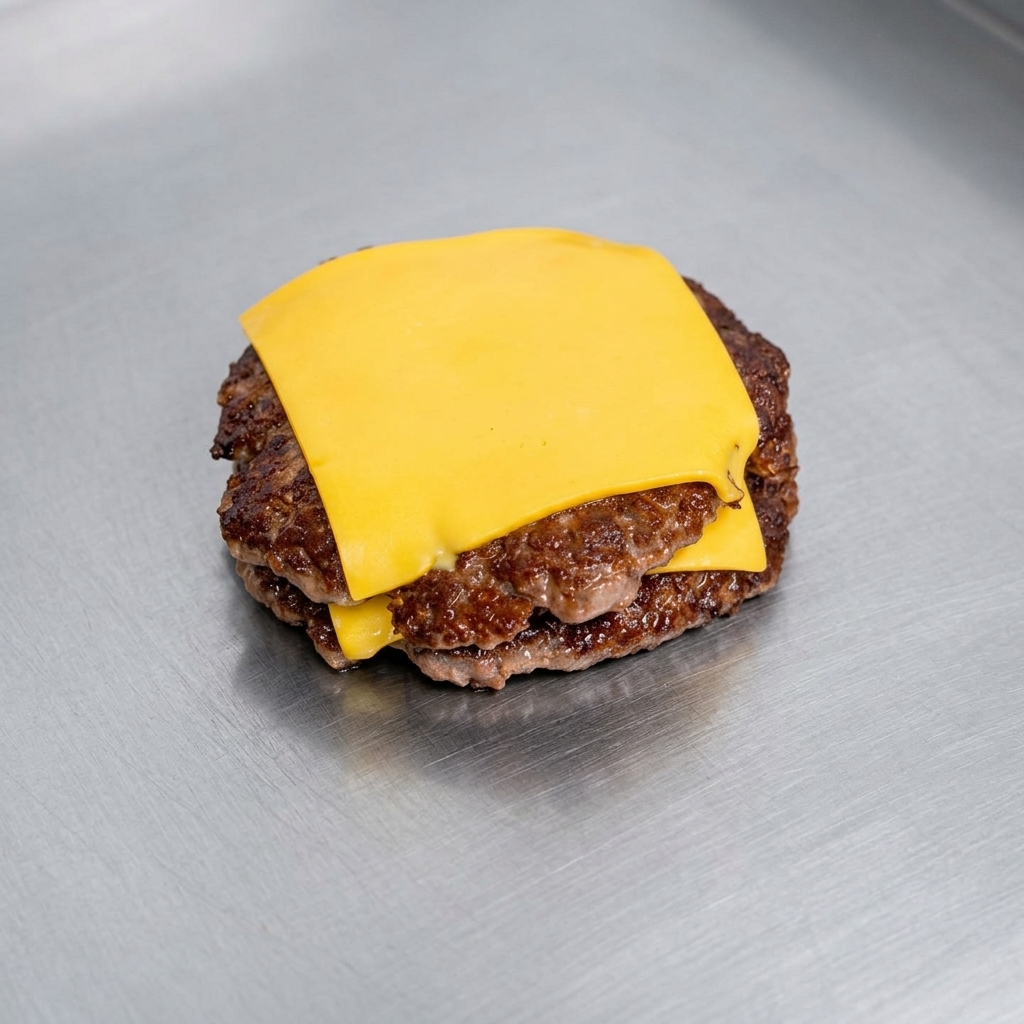 Una mano usando un utensilio para extender salsa cremosa sobre la superficie de un pan de hamburguesa tostado y dorado.