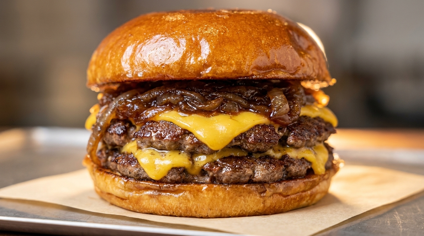 Hamburguesa Americana Clásica con Cebollas Caramelizadas
