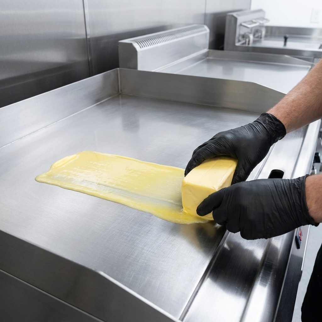Tiras de cebolla extendidas en una plancha caliente aceitada para comenzar el proceso de caramelización.