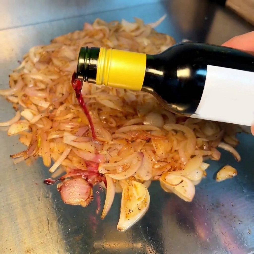 Vino tinto siendo vertido sobre las cebollas caramelizadas en una plancha caliente, creando una reducción rica y sabrosa.