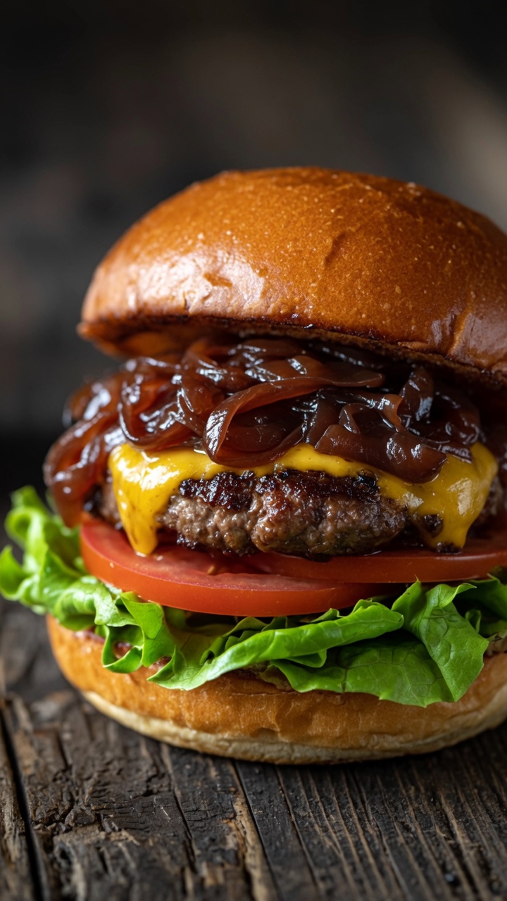 Hamburguesa con Cebollas Caramelizadas al Vino Tinto