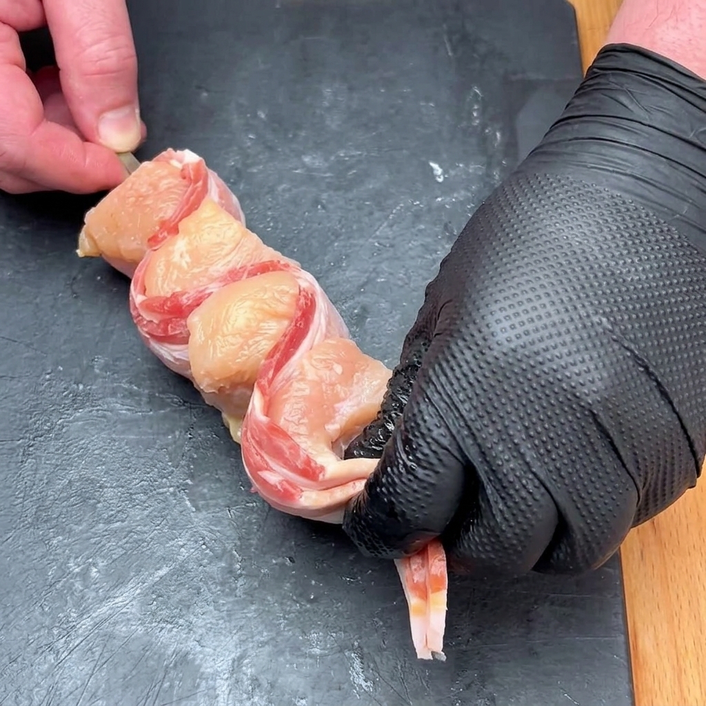Mano envolviendo una tira de tocino alrededor de un cubo de pollo y asegurándolo en una brocheta de metal.