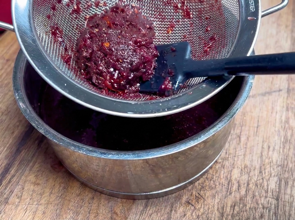 Primer plano de una espátula de silicona presionando salsa de fruta oscura a través de un colador de malla metálica.