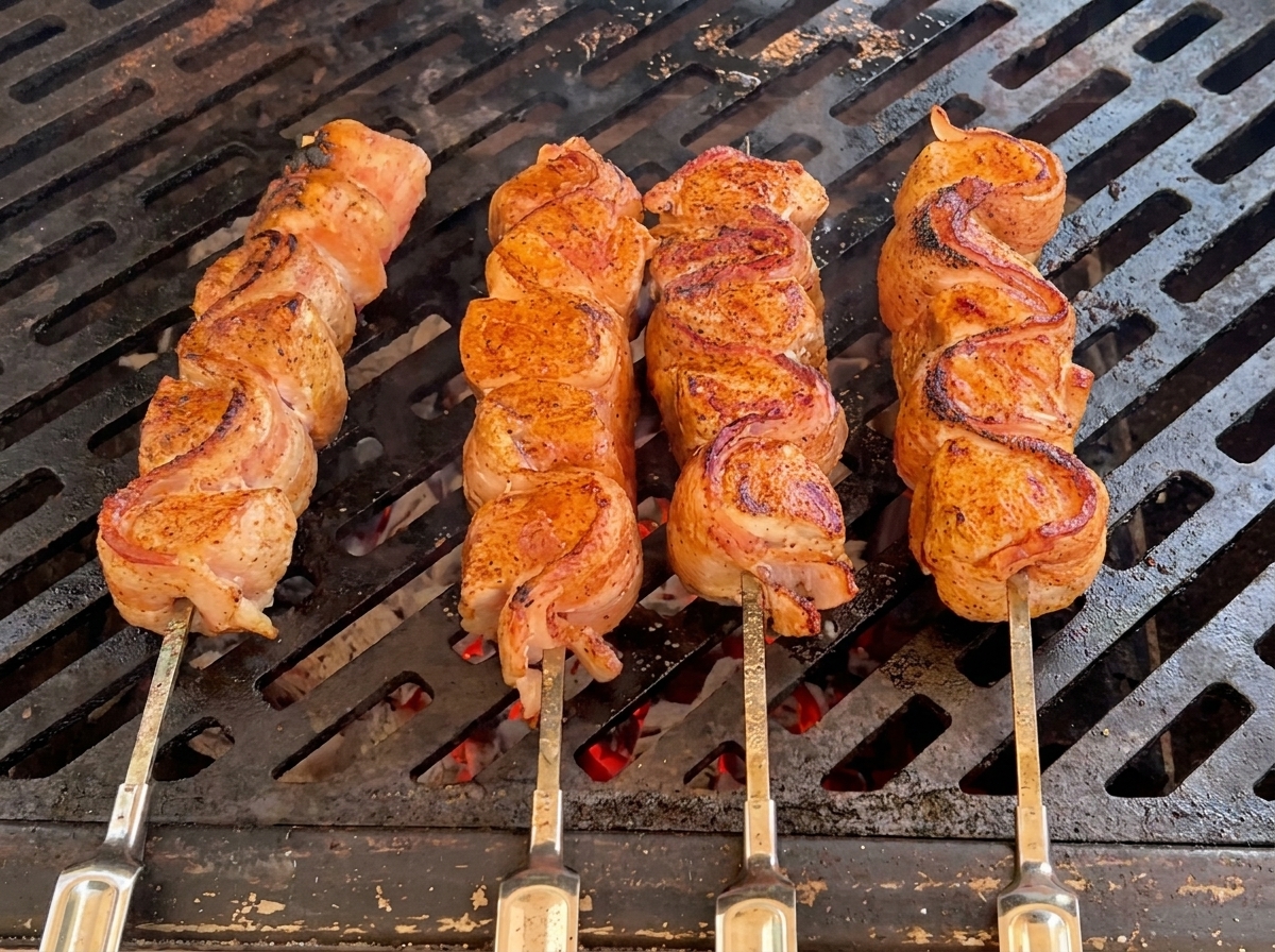 Cuatro brochetas envueltas en tocino en la parrilla, siendo pinceladas con un glaseado brillante de color rojo oscuro.