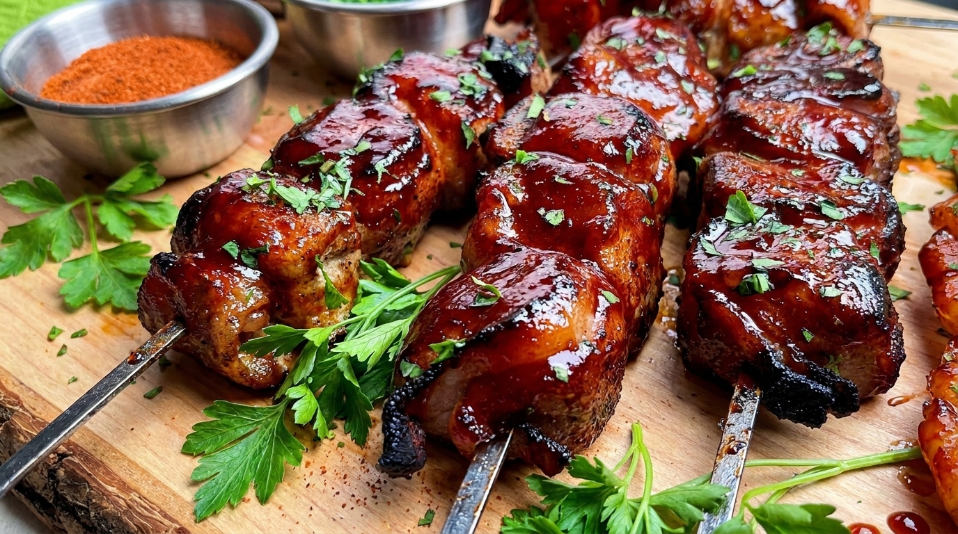 Brochetas de Pollo con Tocino y Glaseado de Cereza al Bourbon