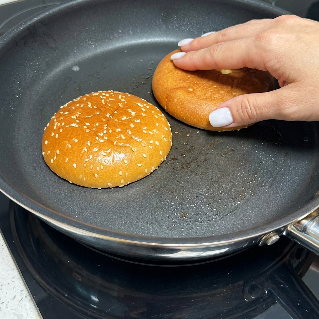 Mitades de pan de hamburguesa dorándose en una sartén seca.