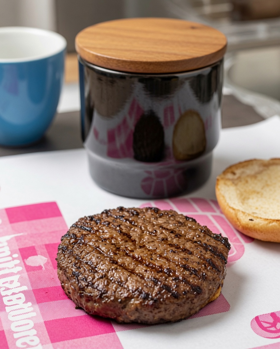 Vista cercana de sal y pimienta negra siendo espolvoreadas sobre una hamburguesa caliente.