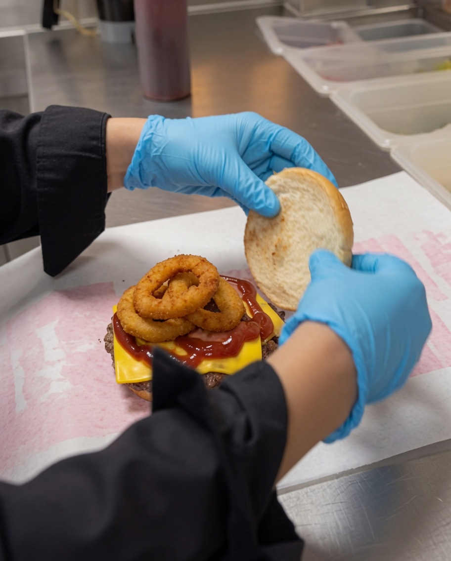 La tapa del pan siendo colocada sobre la hamburguesa, con manos envolviéndola en papel personalizado.