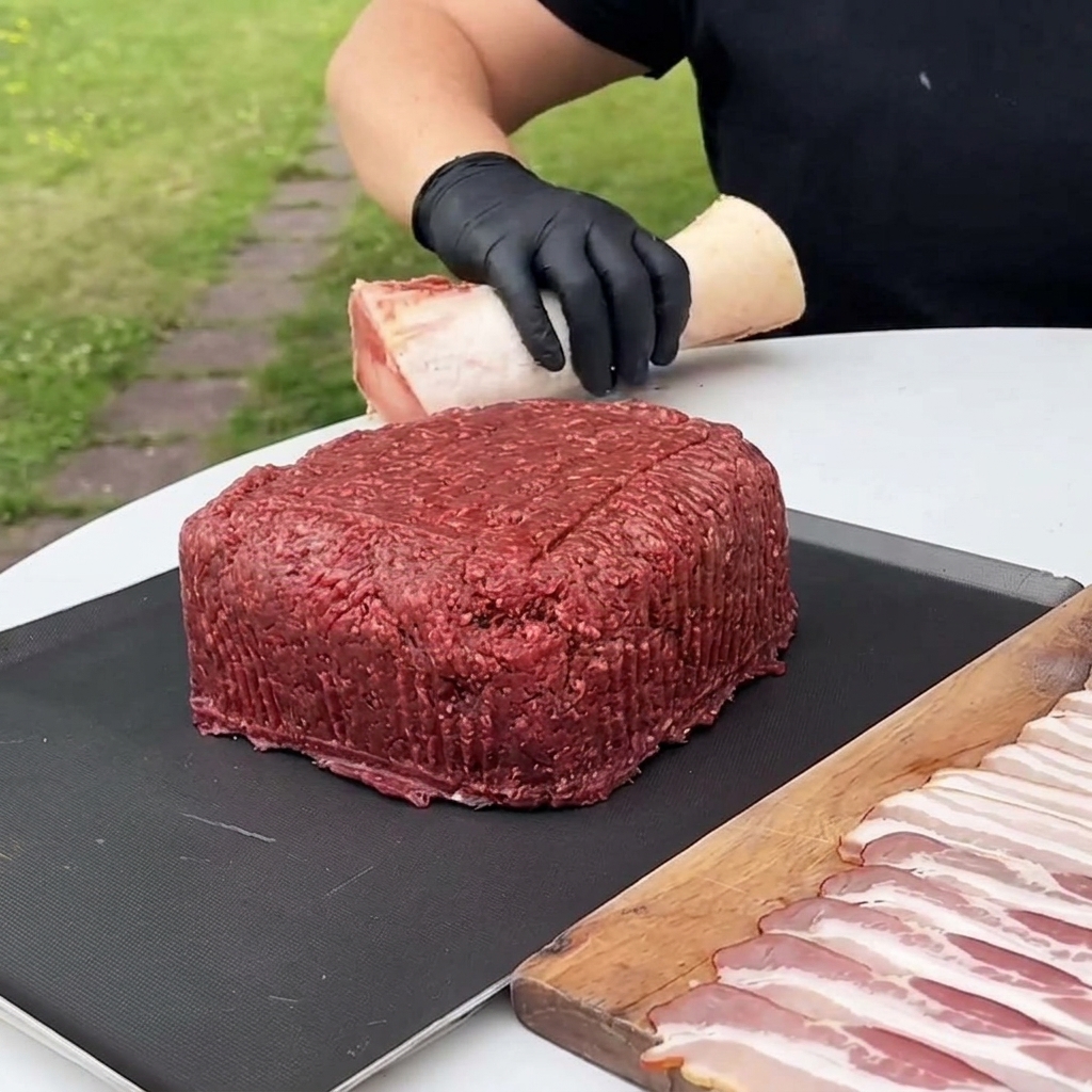 Un bloque grande y cuadrado de carne molida cruda en una base negra con un hueso de tuétano centrado.