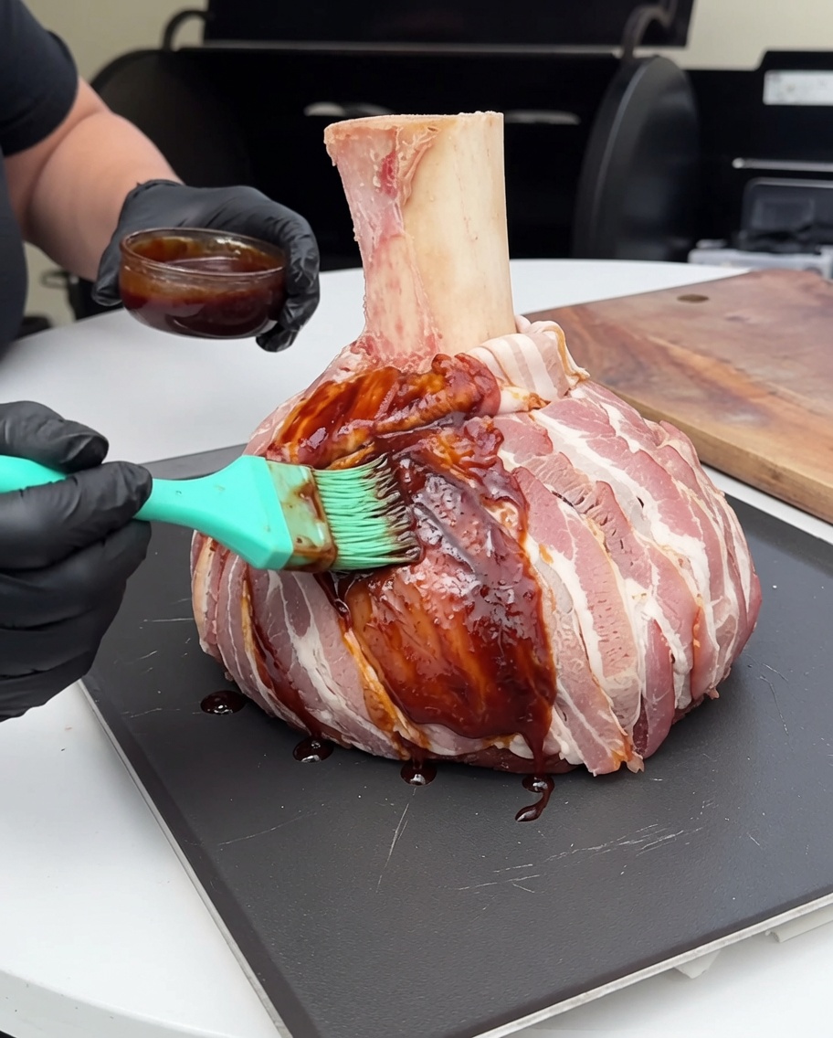 Bloque de carne envuelto en tocino siendo barnizado con salsa barbacoa oscura usando una brocha de silicona.