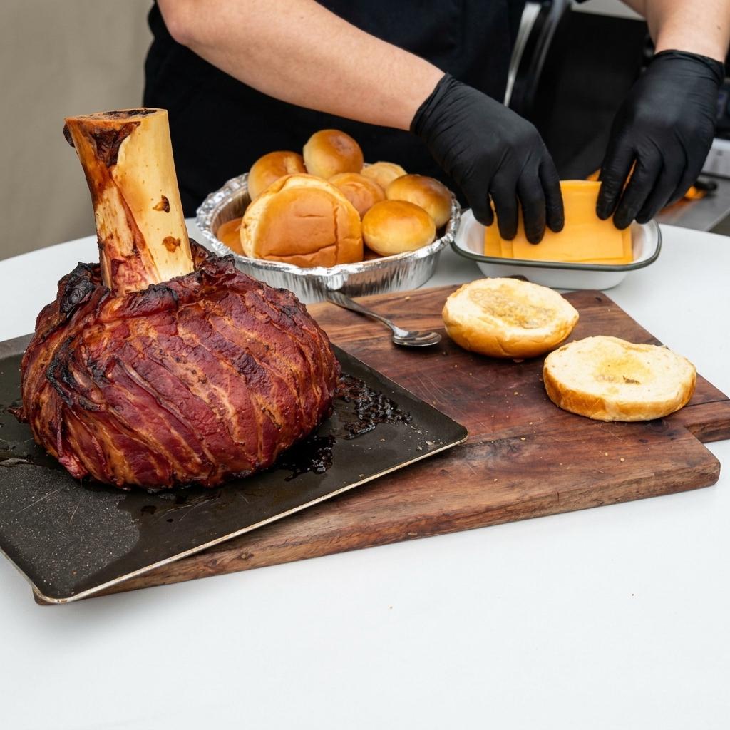 Rebanada de queso amarillo sobre un pan tostado untado con tuétano asado.
