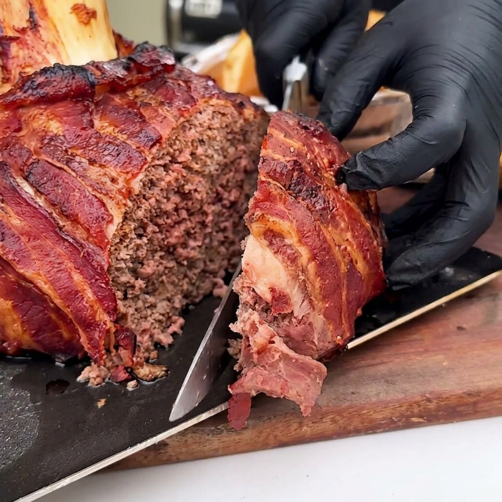 Una rebanada gruesa de carne envuelta en tocino y con salsa barbacoa siendo colocada sobre el pan con queso.